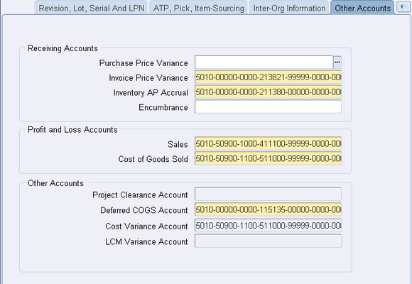 setting cogs account default